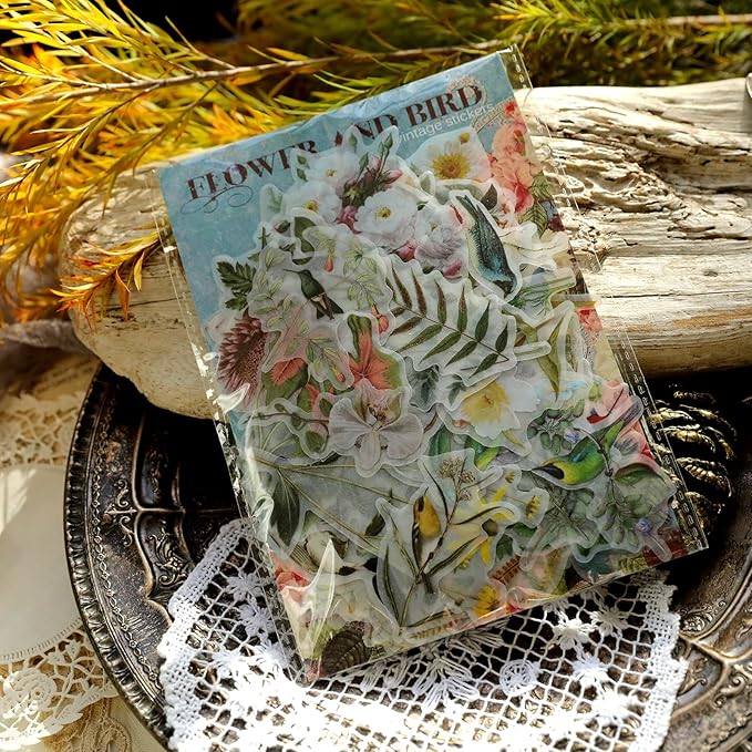 Vintage Vellum Stickers Floral Plants Elements Scrapbooking Supplies Flowers Botanic Natural Translucent Paper Self-Adhesive Junk-Journal Items (Bird Patterns)
