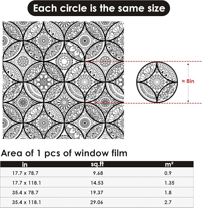 DKTIE Boho Stained Glass Look Window Privacy Film with Installation Tools, Decorative Frosted Glass Window Film Static Cling No Glue Removable, Pure Black, 35.4" x 78.7"