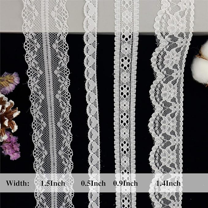 White Lace Trim 20 Yards Sewing Lace Ribbon for Crafts Bridal Wedding Decorations, Bouquet and Gift Packaging