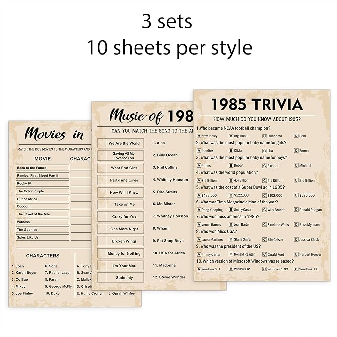 40th Birthday Party Games, Set of 3 Activities for 10 Guests, Born in 1985 Games Bundle, Birthday Party Supplies for Adults, Pack of 30 Cards
