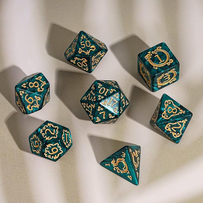 7-Die DND Dice Set Dragon Pattern Polyhedral Die with Leather Bag D&D Dice Set for RPG Table Games (Green W/Gold Dragon Pattern)