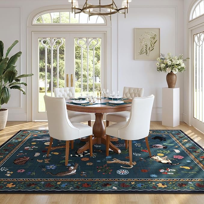 Rugcomf Area Rugs 8x10 Rug for Living Room Clearance Washable Boho Area Rug Non Slip Floral Animal Cat Vintage Low Pile Large Rug for Bedroom Farmhouse Dining Room Kids Playroom, Pearl Gentian Blue