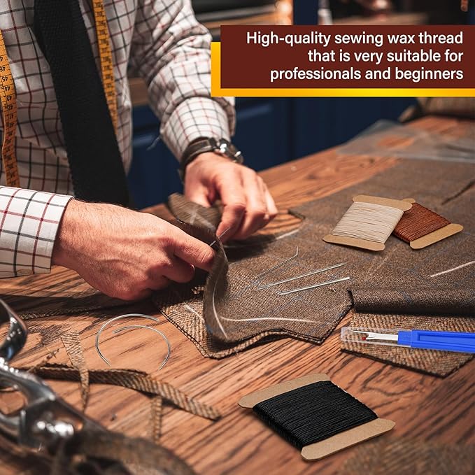 KAQRHFT Upholstery Repair Kit and Upholstery Needle, 0.55mm 98 Yard Waxed Thread with 8 Pcs Heavy Duty Leather Needles for Hand Stitching, Canvas & Quilting - Round Waxed Cord- Black/Brown/Beige