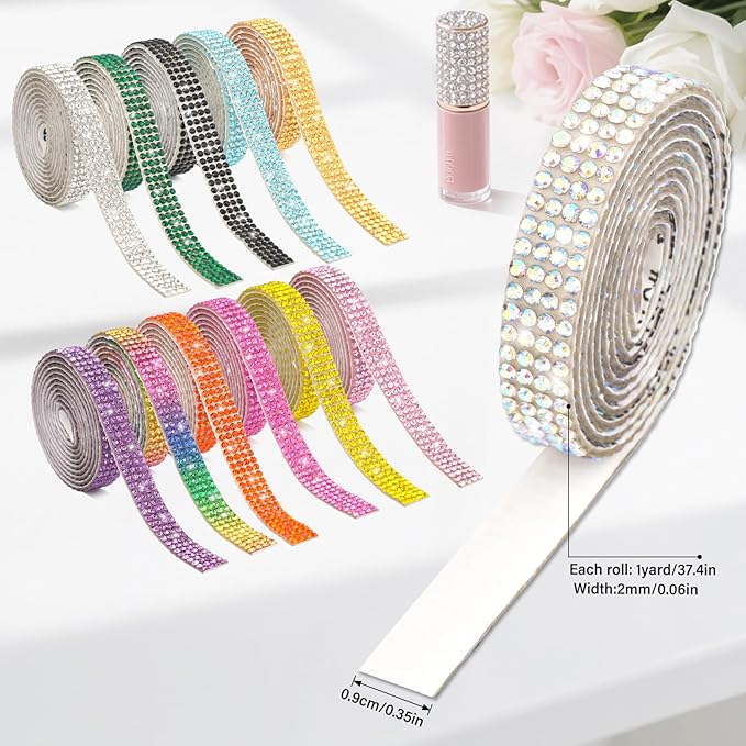 12 Rolls Rhinestone Ribbon Self Adhesive,0.35" X12 Yard Bedazzling Kit with 2 mm Rhinestones Bedazzling Strips for Gift Wrapping Wedding Decor DIY Crafts(12 Colors)