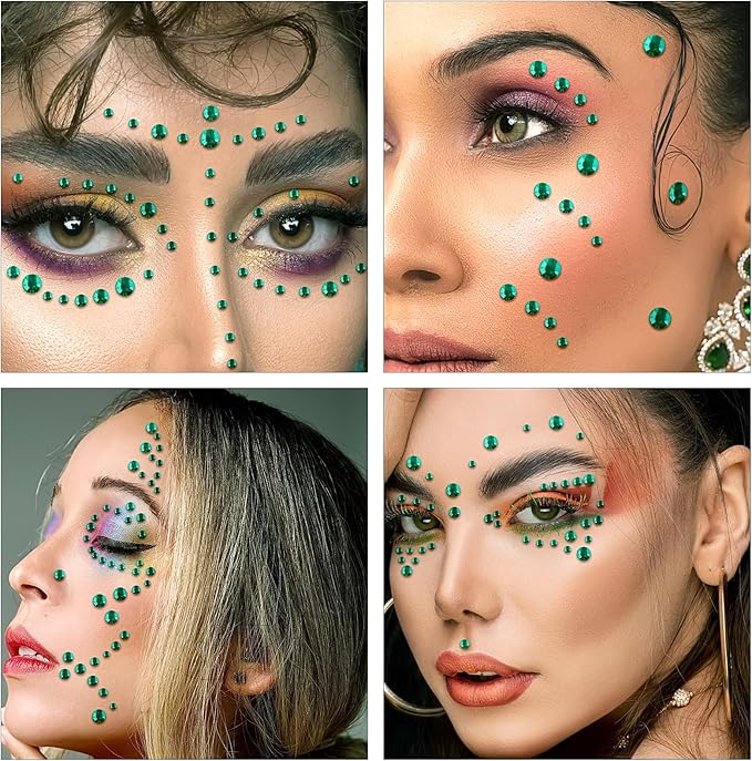 Self Adhesive Face Gems and Pearls for Makeup, Festival Jewels, Hair Gems Pearls, 3/4/5/6/8 mm Round Rhinestone Stickers for Face, Eye, Makeup, Body, Crafts 591Pcs (20_Dark Green)