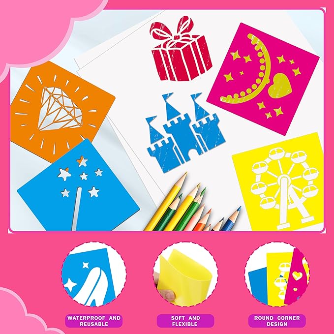 24 Pieces Stencils for Kids,Large Drawing Stencils Chalk Template,8 Inches Washable Shape Template Kit for Crafts,Painting Drawing for Kids Toddlers Preschool(Princess, 8 inch)