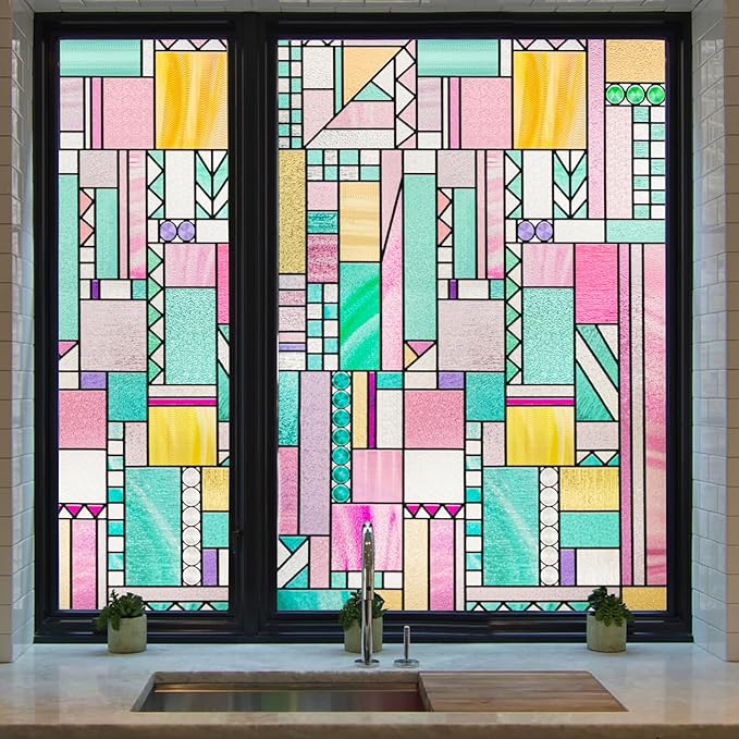 3D Stained Glass Window Privacy Film, Heat Control UV Blocking Static Cling Decorative Window Film for Bathroom,Front Door,Home Non Adhesive,16.9 x 39.3 inches Vibrant Reverie