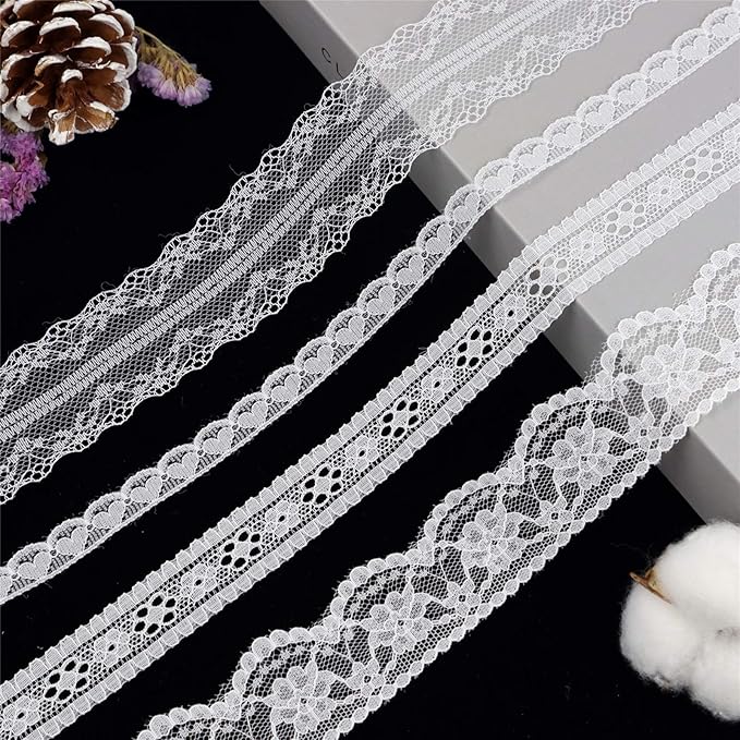 White Lace Trim 20 Yards Sewing Lace Ribbon for Crafts Bridal Wedding Decorations, Bouquet and Gift Packaging