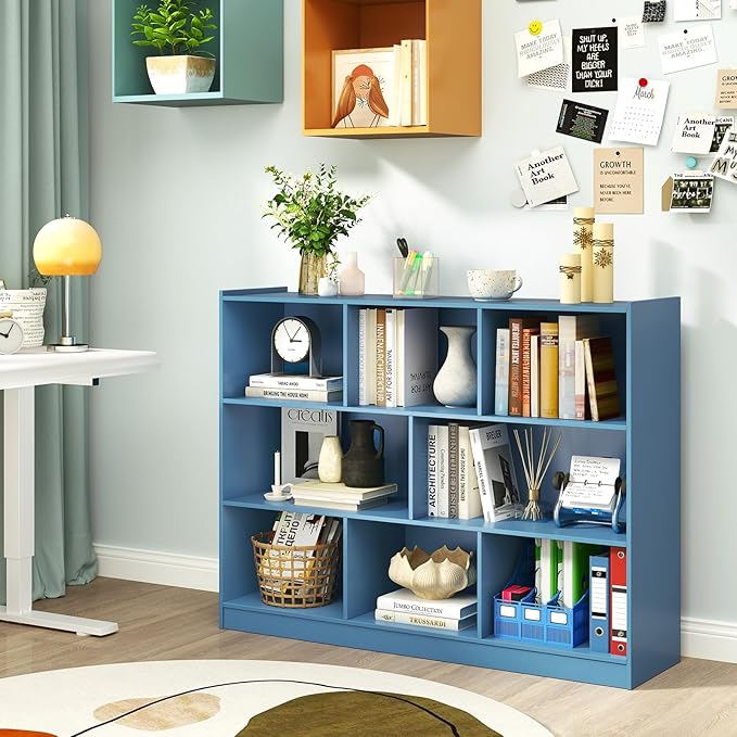 Giantex 8 Cube Bookcase, Freestanding 3-Tier Open Bookshelf, Modern Storage Display Cabinet, Wood Cube Storage Organizer for Living Room, Kid’s Room, Bright Blue