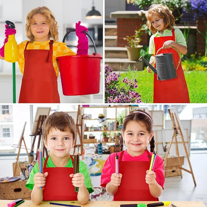 PLULON 6 Pcs Aprons for Kids Adjustable Kids Red Apron Bulk with Pocket Painting Aprons For Boys Girls Painting Cooking Baking (Red)