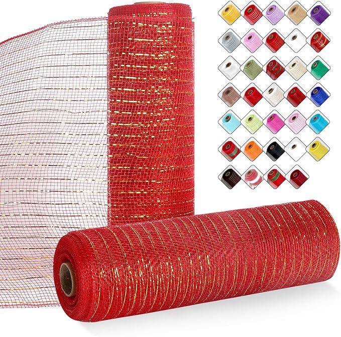 2 Rolls Mesh Ribbon for Wreaths 10 Inch x 30 Foot Wreath Mesh Rolls with Metallic Foil for Easter Christmas Party Wedding Home Decor DIY Craft Projects and Gift Wrapping(Red/Gold)