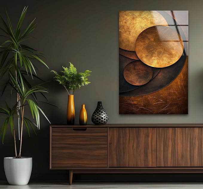 My Photostation.com 27Wx43H'' Bronze Art Deco Geometric Motifs Glass Wall Art Tempered Glass Printing Wall Decor Large Wall Art Wall Hangings