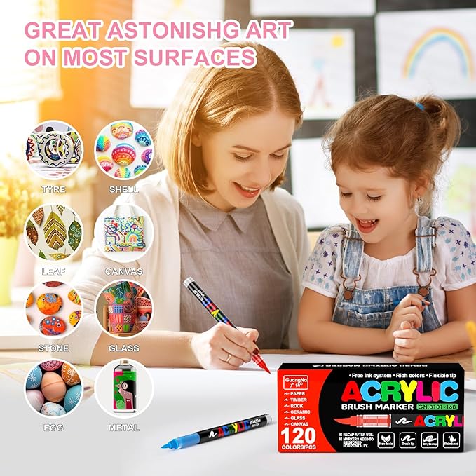 DICEKOO 120 Colors Acrylic Paint Markers, Soft Brush Tip Pens with Automatic Ink Control System, Waterproof, Quick-Drying, Lightfast, for Rock Painting, Canvas, Wood, Egg & DIY Crafts Art Supplies