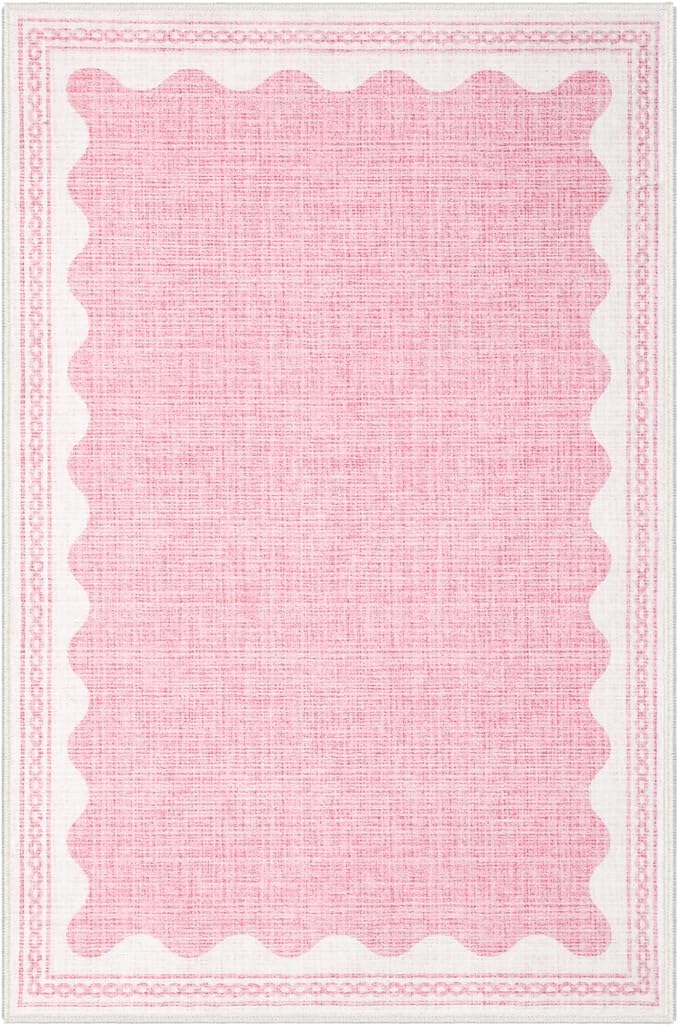 Scalloped Rug 2x3 Rugs for Entryway, Solid Pink Rug for Bedroom Girls, Small Washable Rugs Non Slip Scalloped Bath Mat, Front Door Mat Indoor Entrance, Soft Dorm Nursery Carpet for Kitchen