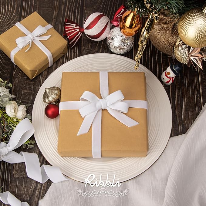 Ribbli Polyester White Velvet Ribbon,3/8 Inches Continuous10-Yard Spool,Christmas Ribbon for Gift Wrapping,Floral Bouquets, Home Decor