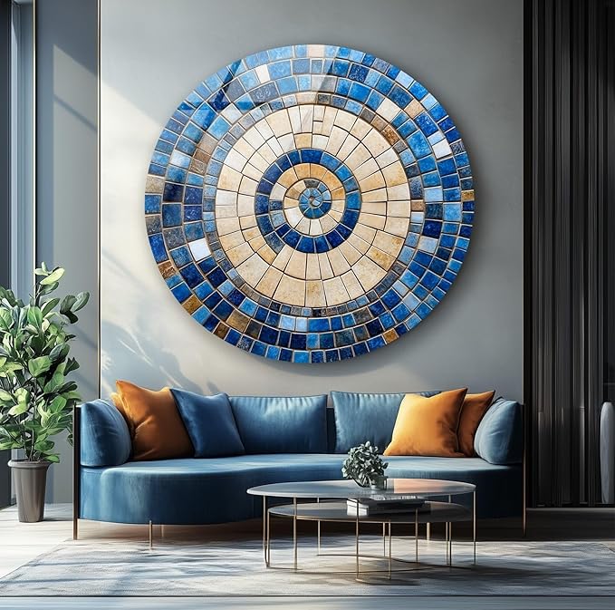 My Photostation.com 20''(50cm) Diameter Coastal Sunburst Beige & Blue Round Glass Wall Art Tempered Glass Printing Wall Decor Large Wall Art Wall Hangings