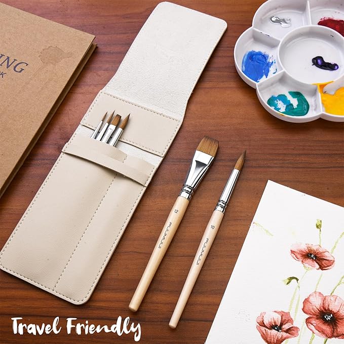Sable Travel Watercolor Brushes, Fuumuui 6pcs Kolinsky Sable Watercolor Travel Brushes with Short Handles - Detail Liner Pointed Round Flat Wash Mop for Watercolor Gouache Ink Painting