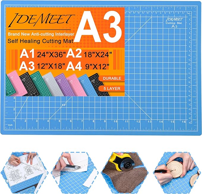 Density-upgraded 18"x12" Self Healing Cutting Mat, Idemeet Rotary Sewing Mat for Crafts, 5-Ply Blade Table Protector Cut Board for Fabric Leather Cutting Quilting Modeling Hobby Project, A3, Blue