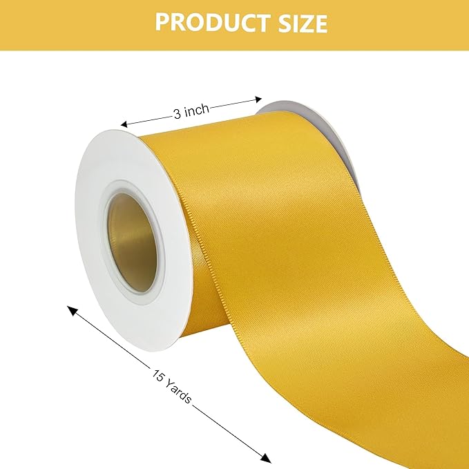 Yellow Gold Satin Ribbon 3 Inch X 15 Yards Solid Color Double Faced Ribbons Perfect for Crafts Wedding Decor Bow Making Arts Sewing and More