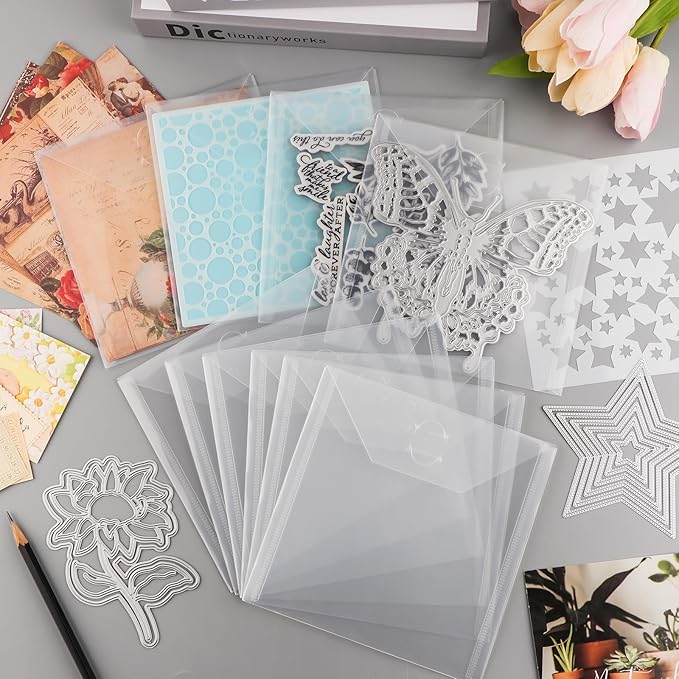 BAOFALI 200 Pcs/Set 5 Sizes Clear Stamp and Die Storage Pockets, Stamp Storage Bags, Plastic Envelopes, Scrapbooking Storage Die Cuts for Stencil Storage Card Making Cutting Dies