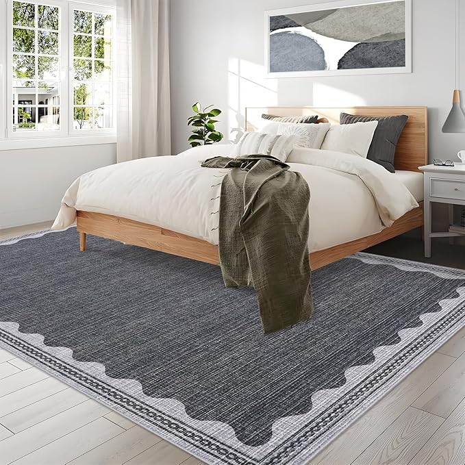 Scalloped Washable Rug 8x10 Area Rugs for Living Room, Solid Grey Rug for Bedroom Girls, Non Slip Throw Carpet with Rubber Back, Soft Dorm Nursery 8x10 Rugs for Dining Room