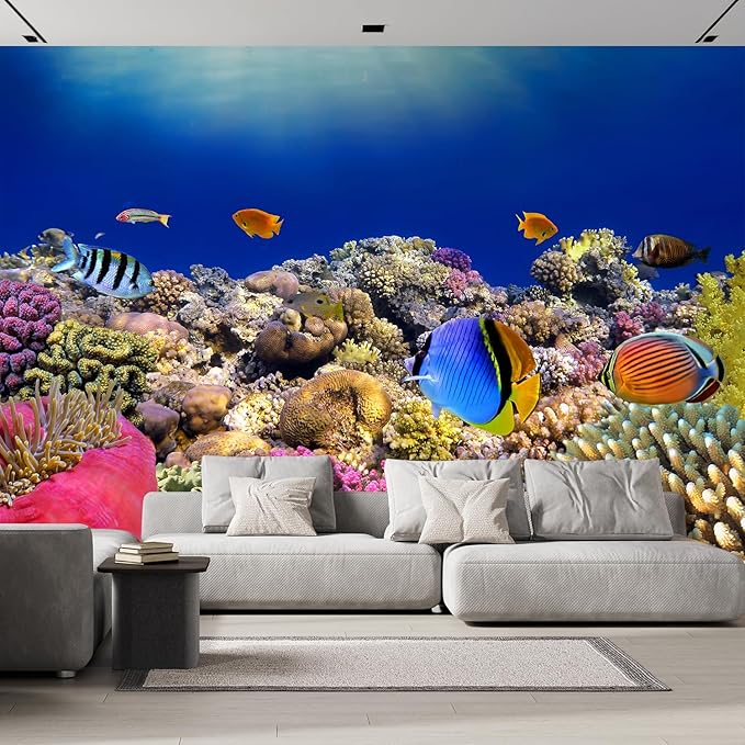 wall26 Wall Sticker/Wall Mural Tropical Blue Fish Coral Reef Ocean Seascape Nature Wilderness, Not Peel and Stick, Non-Woven Wallpaper Decorative for Bedroom, Living Room, Office - 96x120 inches