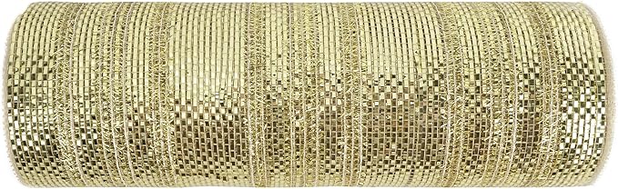 MEEDEE Champagne Deco Mesh 10 Inch Deluxe Wide Foil Metallic Mesh with Gold Tinsel Champagne Gold Mesh Ribbon for Christmas Tree, Wreaths, Garland, Gift Wrapping, Bows Making (30 Feet)