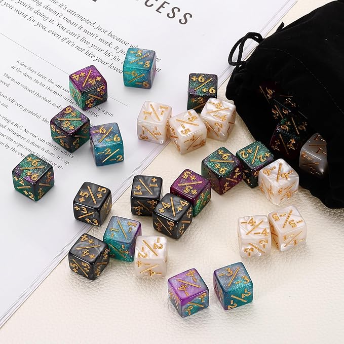uxcell 24Pcs Magic Dice Counters, Acrylic D6 Life Token Dice Set with Pouch for Standard Cards Gaming Accessories, White, Black, Green & Purple, Blue & Purple