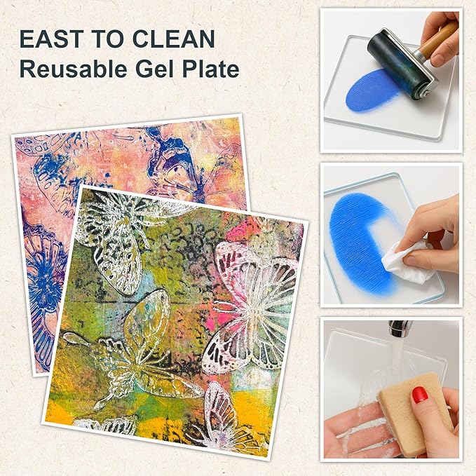 DINGSEN Gel Printing Plate Kit, Complete Printmaking Set with 5” X7” Gel Plate, Brayer, Acrylic Paint, A5 Printmaking Paper, and Essential Tools for Mixed Media Art, Monoprinting, Card Making