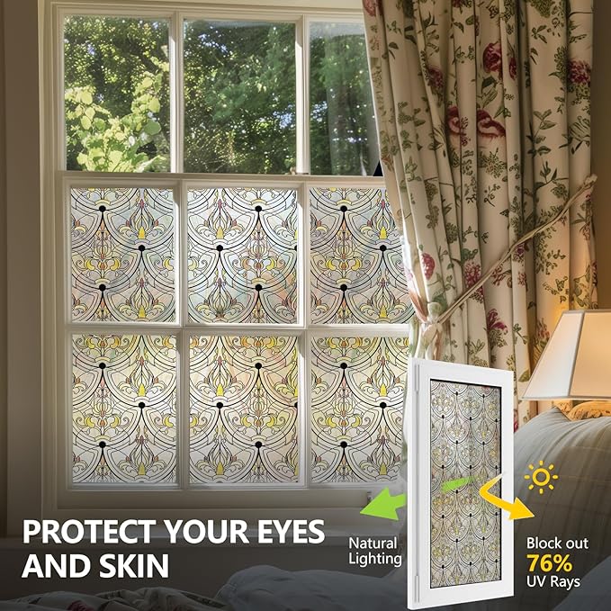 3D Stained Glass Window Film, Decorative Window Privacy Film for Bathroom,Front Door,Home, Sun Blocking Heat Control,Static Cling, Golden Ironwork 35.4inch x 78.7inch
