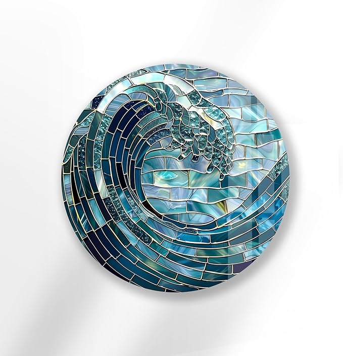 My Photostation.com 15.8''(40cm) Diameter Ocean Wave in Blue Mosaic Round Glass Wall Art Tempered Glass Printing Wall Decor Large Wall Art Wall Hangings