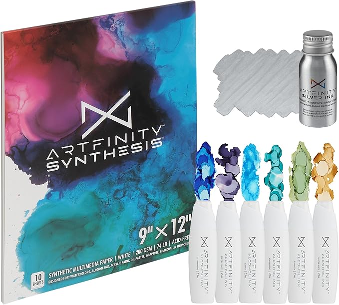 Alcohol Ink - Sea Set, 8 Pieces | 10 Sheets 9x12 Multimedia Paper | Fast-Drying, Permanent, Transparent Alcohol Inks for Gloss Paper, Glass, Metal | 25 ml Bottles
