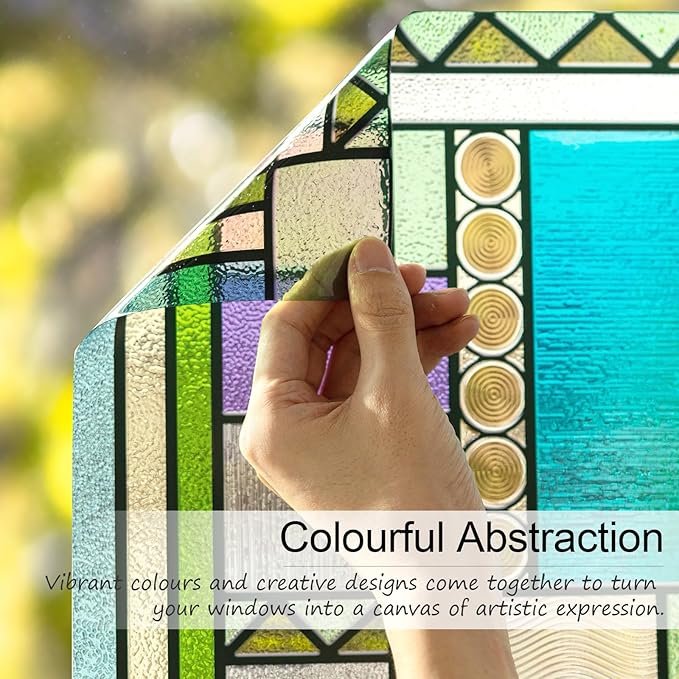 3D Stained Glass Window Privacy Film, Heat Control UV Blocking Static Cling Decorative Window Film for Bathroom,Front Door,Home Non Adhesive 35.4 x 78.7 inches Colorful Abstraction