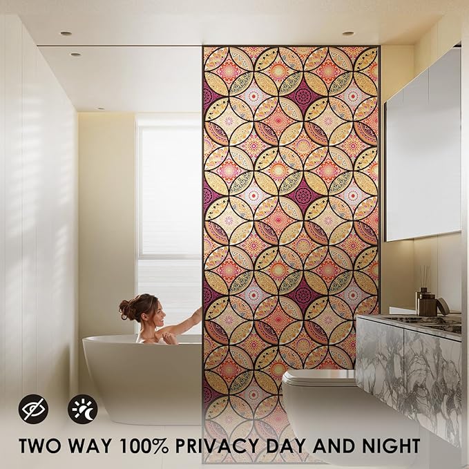 DKTIE Stained Glass Window Film with Installation Tools - Bohemian Style, Privacy Protection, Softening Light, Home Decorative Window Film, 17.7 x 78.7 Inch