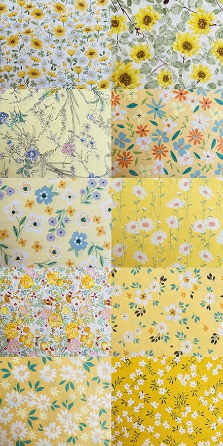HANPATQUI 50PCS 5 x 5 inch Yellow Printed 100% Cotton Fat Quarters Fabric for Sewing and Quilting Bundles Precut Fabric Square for DIY Craft Patchwork