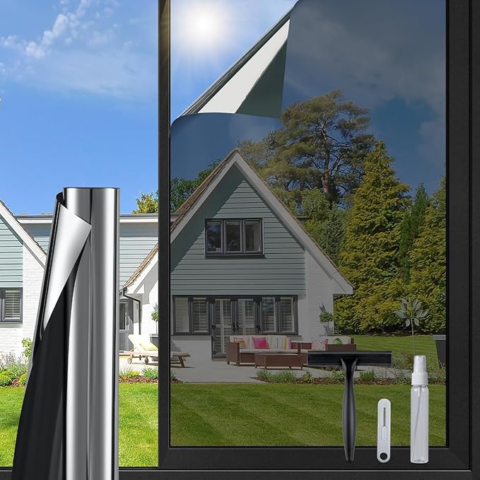 DOWELL One Way Window Privacy Film with 3 Tools Window Tint for Home Sun Blocking Heat Control Anti UV Reflective Mirror Covering See Out Not in for House and Office Black Silver 23.6" X 78.7"