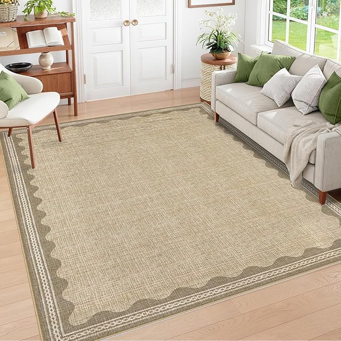 Scalloped Washable Rug 8x10 Area Rugs for Living Room, Solid Jute Rug for Bedroom Girls, Non Slip Scalloped Throw Rugs with Rubber Back, Soft Dorm Nursery 8x10 Carpet for Dining Room