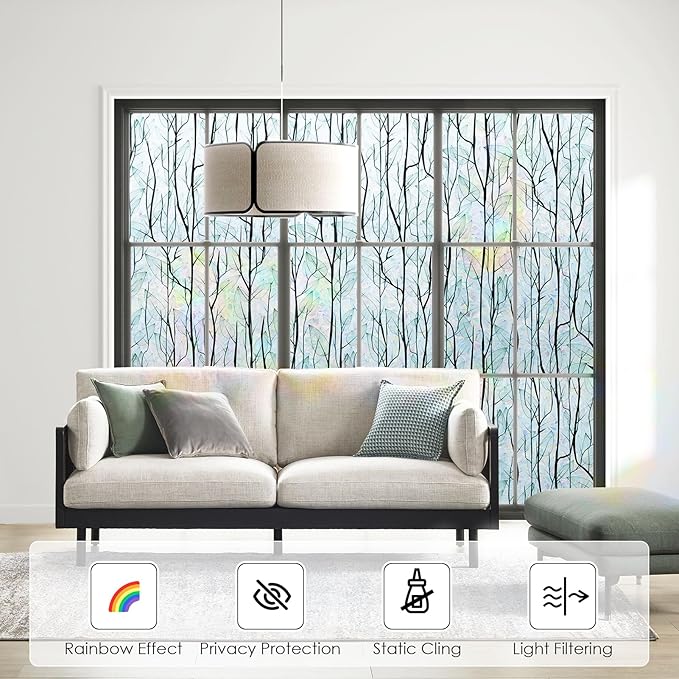 DKTIE Nature Pattern Rainbow Window Film Decorative Stained Glass Window Film Static Cling Films Easy Apply Removable Comes with Tools (U1747-rainbow, 17.7" x 78.7")