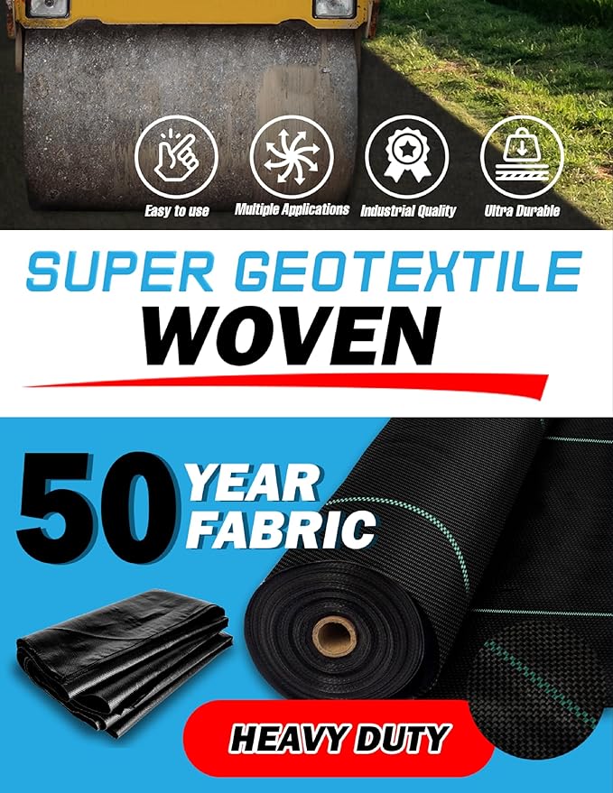 Woven Geotextile Fabric for Driveway and Road Stabilization, Construction Underlayment, Erosion Control, Commercial Grade 50 Year for Gravel Roads and Pavers (17.5x30) Ships Folded