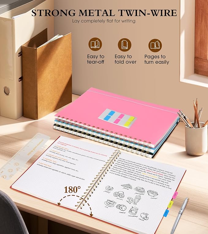 Dotted Notebook, Spiral Notebook Journal 8.5” x 11”, A4 Large Dot Grid Notebooks for Women Men, 100 GSM Dotted Paper, Plastic Hardcover Spiral Bullet Journals for Work School Sketching, Red