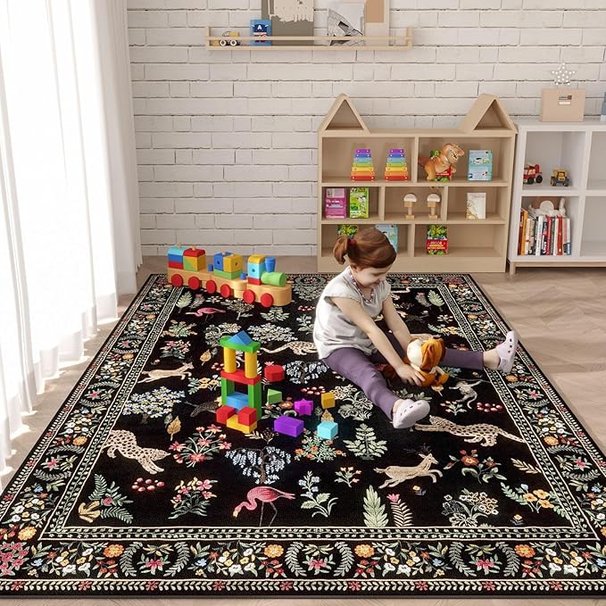 Rugcomf Living Room Rug 6x9 Rug Machine Washable Boho Area Rug Non Slip Floral Animal Vintage Low Pile Large Rug for Living Room, Bedroom, Farmhouse, Dining Room, Kids Playroom (Black)