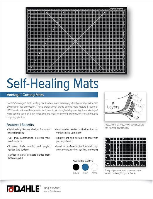 Dahle Vantage 10670 Premium Self-Healing Cutting Mat, 9"x12", 1/2" Grid, 5 Layers for Max Healing, Perfect for Crafts & Sewing, Black