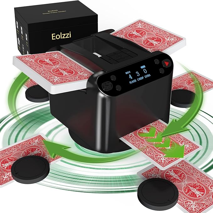 Automatic Card Shuffler and Dealer Machine 360° Rotation, Supports 12 Players, Rechargeable Card Shufflers, UNO Shuffler Card Machine Perfect for Rummy, Poker, Phase 10, Skip-Bo, Texas Hold'em