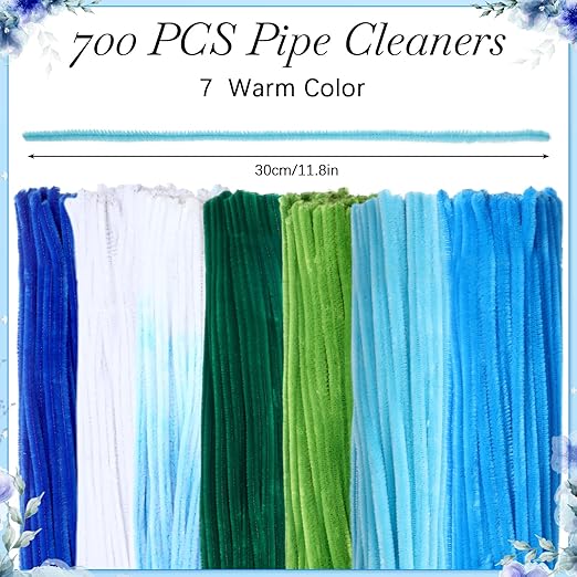 DaisyInner 700 Pcs Halloween Fall Pipe Cleaners Craft Bulk Pastel Chenille Stems Flower DIY Gradient Colored Fluffy for School Classroom Thanksgiving Christmas Party Supplies(Blue Theme)