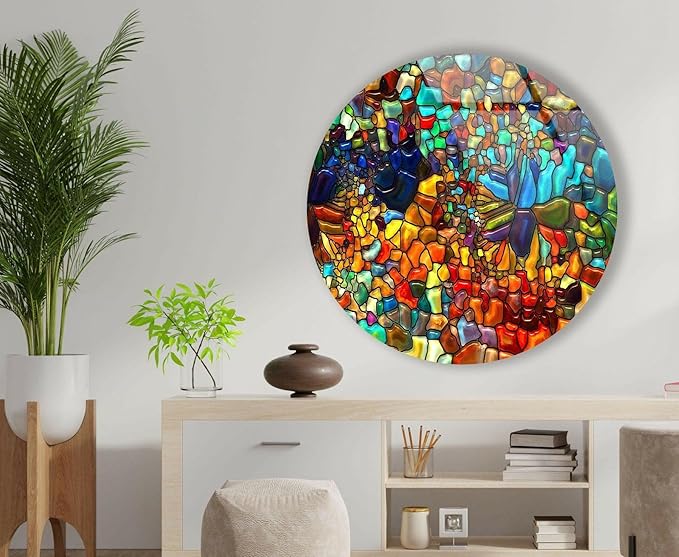 My Photostation.com 24''(60cm) Diameter Red Mosaic Round Glass Wall Art Tempered Glass Printing Wall Decor Large Wall Art Wall Hangings