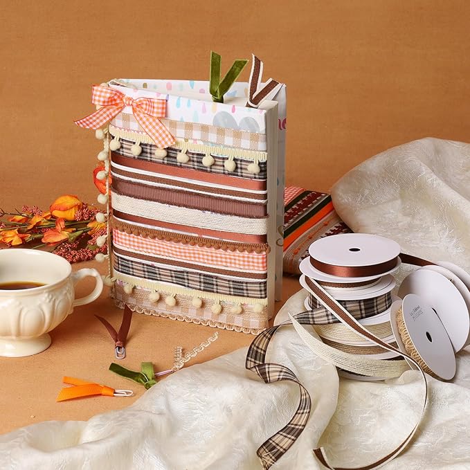 LaRibbons Natural Brown Ribbons for Crafts 10 Rolls 45 Yards TTL Thin Ribbon for Sewing Gift Wrapping Home Decor