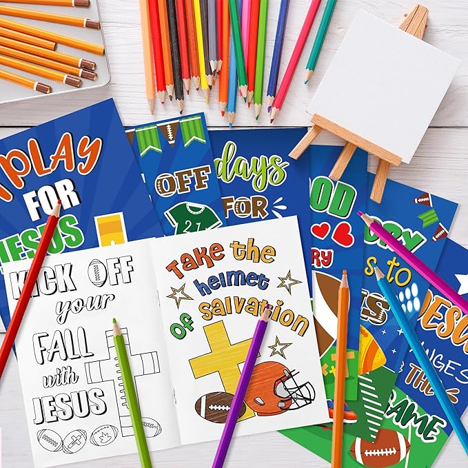 JAPBOR Football Coloring Books for Kids - 24PCS Mini Christian Themed Color Book Bulk Party Favors, Religious Jesus Bible Small Colour Pages for Sunday School Church Classroom Drawing Painting Games