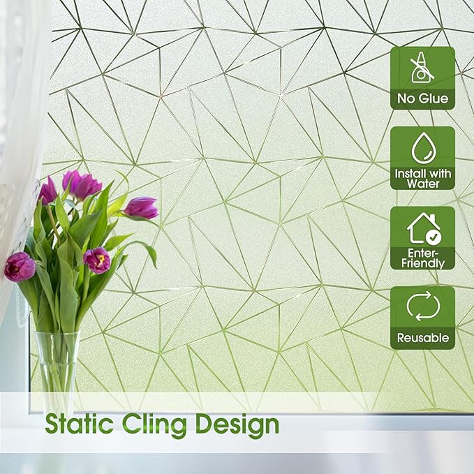 Coavas Window Privacy Film, Frosted Glass Static Cling, Decorative for Bathroom Door Covering, UV Blocking Window Cling, Non-Adhesive Vinyl Sticker, Day and Night Windows Tint for Home, 23.6x118.1 in