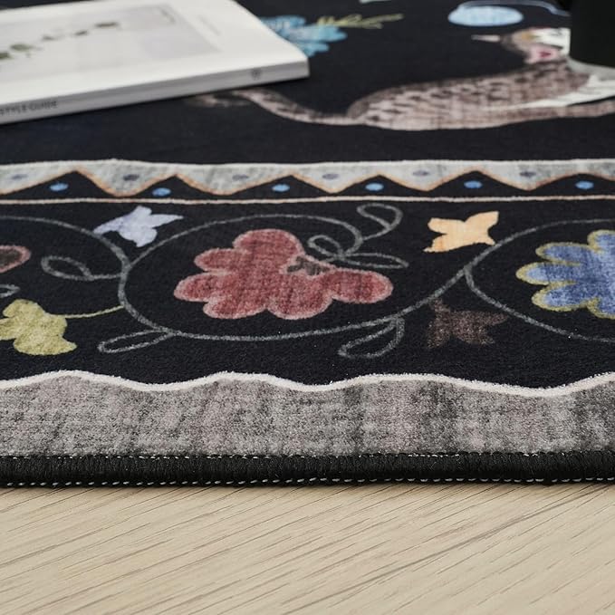 Rugcomf Area Rugs 8x10 Rug for Living Room Clearance Washable Boho Area Rug Non Slip Floral Animal Cat Vintage Low Pile Large Rug for Living Room Bedroom Farmhouse Dining Room Kids Playroom, Black