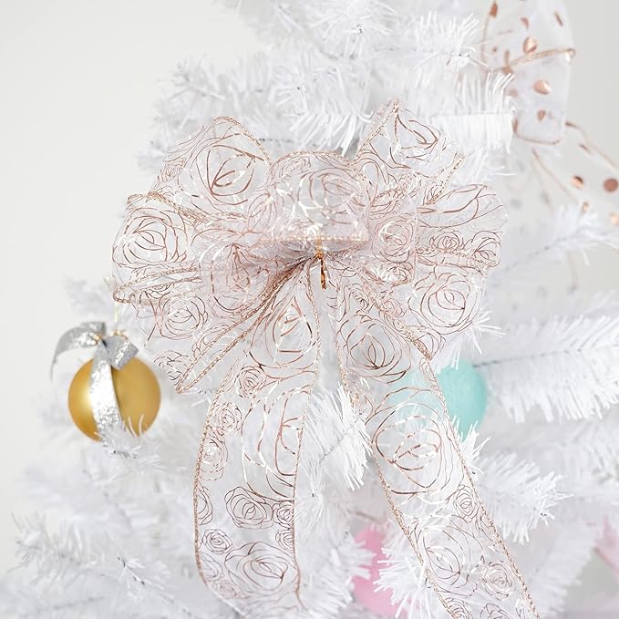 MEEDEE Floral Rose Wired 2.5 Inch Rose Gold Organza Sheer Ribbon, Wedding Bouquet Ribbon, 25 Yards Roll, Pink, For Crafts, Valentine Bow Making, Decor